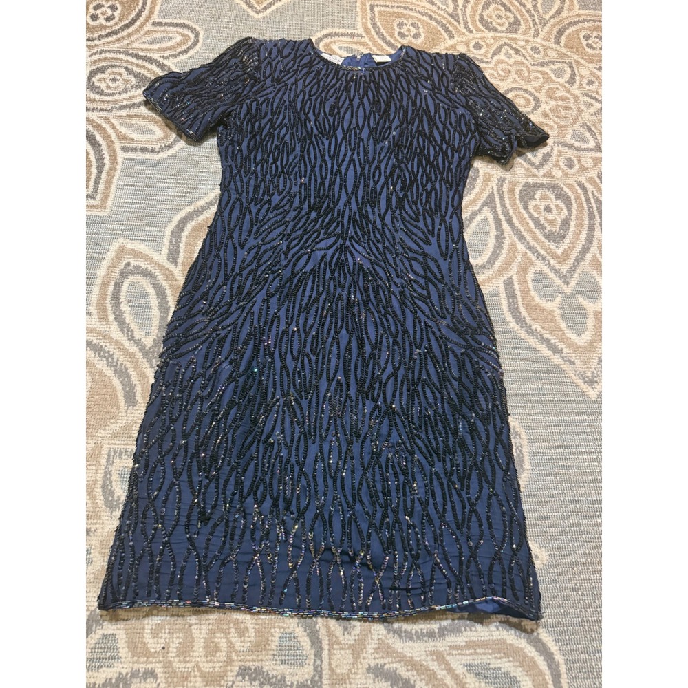 Vintage Stenay Silk Beaded Sequin Cocktail Dress Navy Blue Short Sleeve Size 8 - Picture 2 of 7